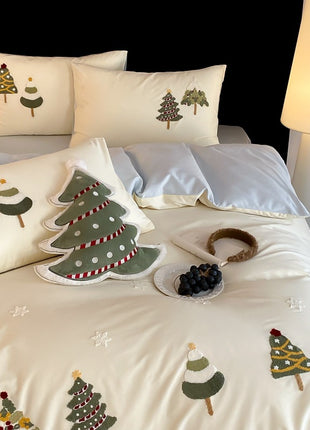 Christmas Tree Embroidery Cotton Four-piece Duvet Set