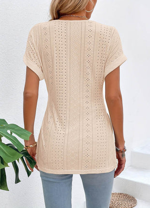 Slit Eyelet V-Neck Short Sleeve Blouse - MimiStylez