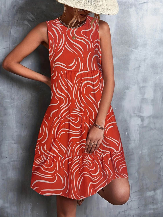 Printed Round Neck Sleeveless Dress - MimiStylez