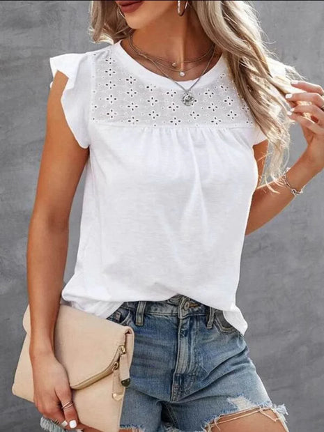 Ruffled Round Neck Cap Sleeve T-Shirt - MimiStylez