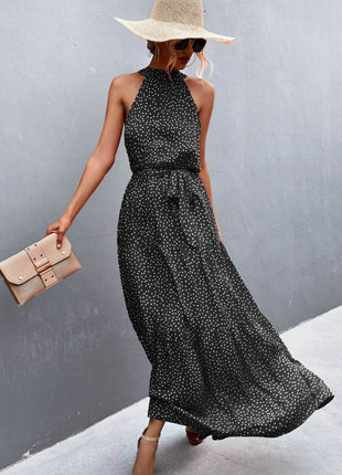 Printed Sleeveless Tie Waist Maxi Dress - MimiStylez