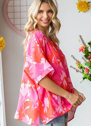 First Love Slit Printed Round Neck Half Sleeve Blouse - MimiStylez