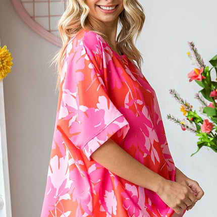 First Love Slit Printed Round Neck Half Sleeve Blouse - MimiStylez