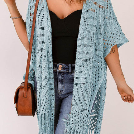 Openwork Open Front Cardigan with Fringes - MimiStylez
