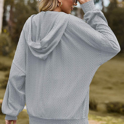 Drawstring Zip Up Dropped Shoulder Hoodie - MimiStylez