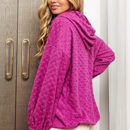BiBi Brushed Checker Drawstring Long Sleeve Hoodie - MimiStylez
