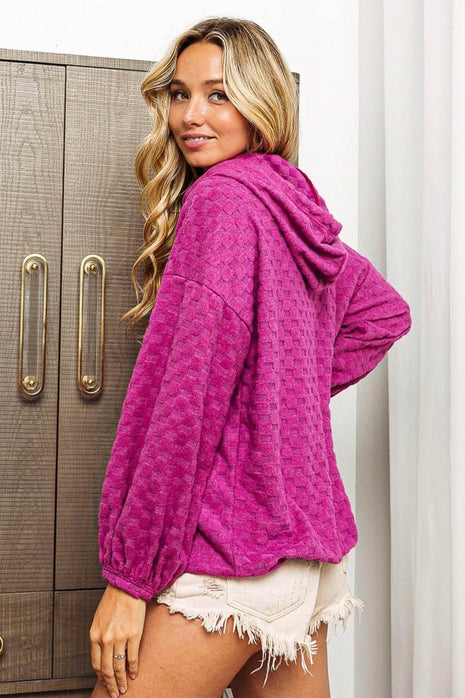BiBi Brushed Checker Drawstring Long Sleeve Hoodie - MimiStylez