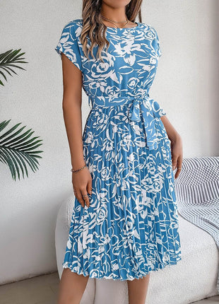 Tied Pleated Printed Short Sleeve Dress - MimiStylez
