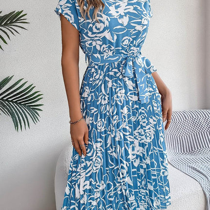 Tied Pleated Printed Short Sleeve Dress - MimiStylez