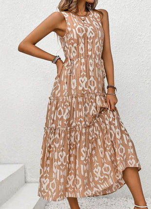 Frill Cutout Printed Round Neck Sleeveless Dress - MimiStylez