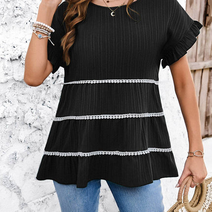 Round Neck Flounce Sleeve Blouse - MimiStylez