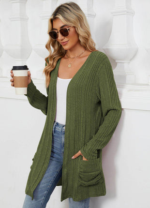 Pocketed Open Front Long Sleeve Cardigan - MimiStylez
