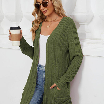 Pocketed Open Front Long Sleeve Cardigan - MimiStylez