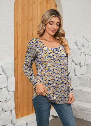 Printed Square Neck Long Sleeve Blouse - MimiStylez