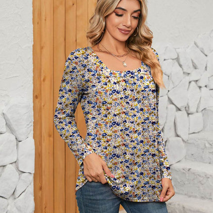 Printed Square Neck Long Sleeve Blouse - MimiStylez