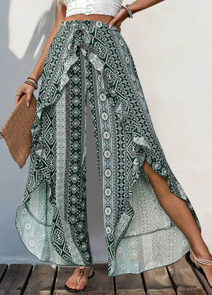 Perfee Slit Ruffled Geometric Wide Leg Pants - MimiStylez