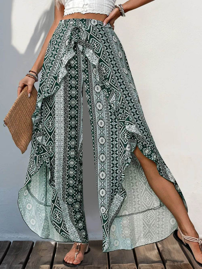 Perfee Slit Ruffled Geometric Wide Leg Pants - MimiStylez