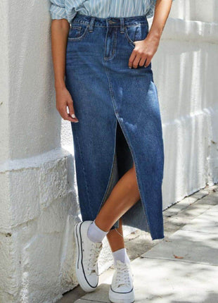 Slit Raw Hem Midi Denim Skirt - MimiStylez