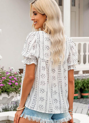 Embroidered Round Neck Flounce Sleeve Blouse - MimiStylez