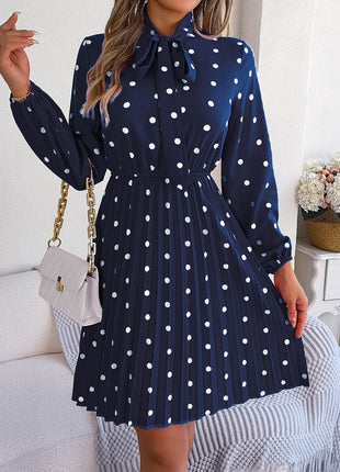 Polka Dot Tie Neck Pleated Dress - MimiStylez