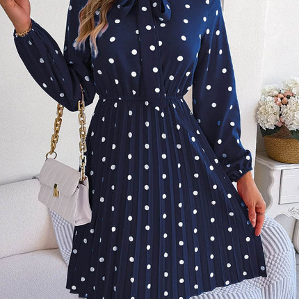 Polka Dot Tie Neck Pleated Dress - MimiStylez