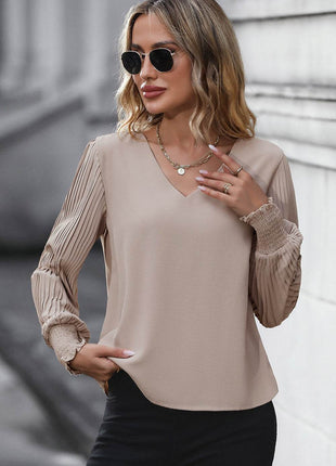 Pleated Lantern Sleeve V-Neck Blouse - MimiStylez