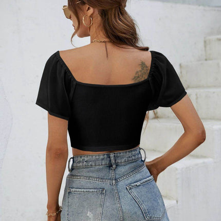 Drawstring Short Sleeve Crop Top - MimiStylez
