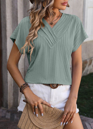 Textured Surplice Short Sleeve Blouse - MimiStylez