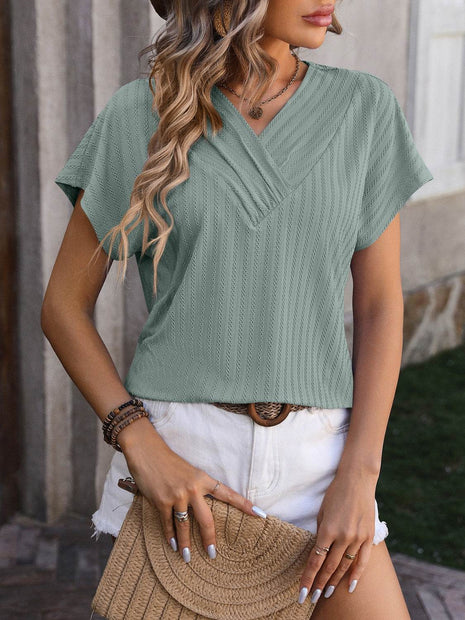 Textured Surplice Short Sleeve Blouse - MimiStylez