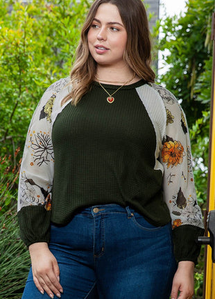 Plus Size Floral Waffle-Knit Round Neck Blouse - MimiStylez