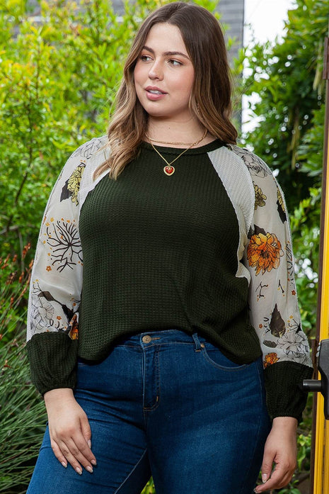 Plus Size Floral Waffle-Knit Round Neck Blouse - MimiStylez