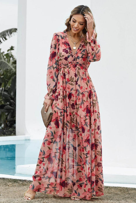 Floral Frill Trim Flounce Sleeve Plunge Maxi Dress - MimiStylez