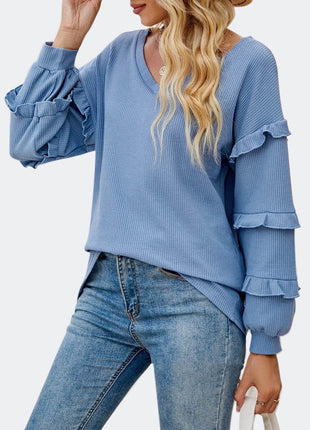 Ruffled V-Neck Long Sleeve T-Shirt - MimiStylez
