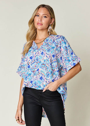 Double Take Full Size Printed V-Neck Short Sleeve Blouse - MimiStylez