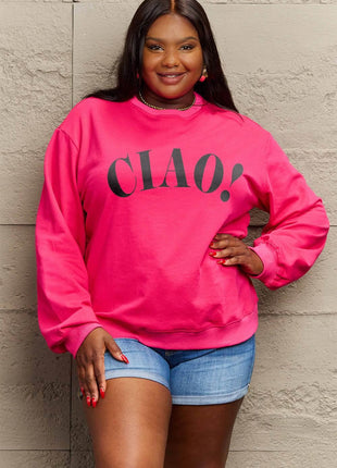 Simply Love Full Size CIAO！Round Neck Sweatshirt - MimiStylez