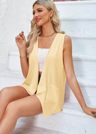 Eyelet Open Front Sleeveless Cardigan - MimiStylez