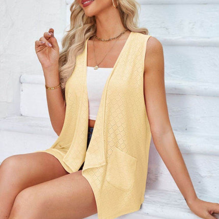 Eyelet Open Front Sleeveless Cardigan - MimiStylez