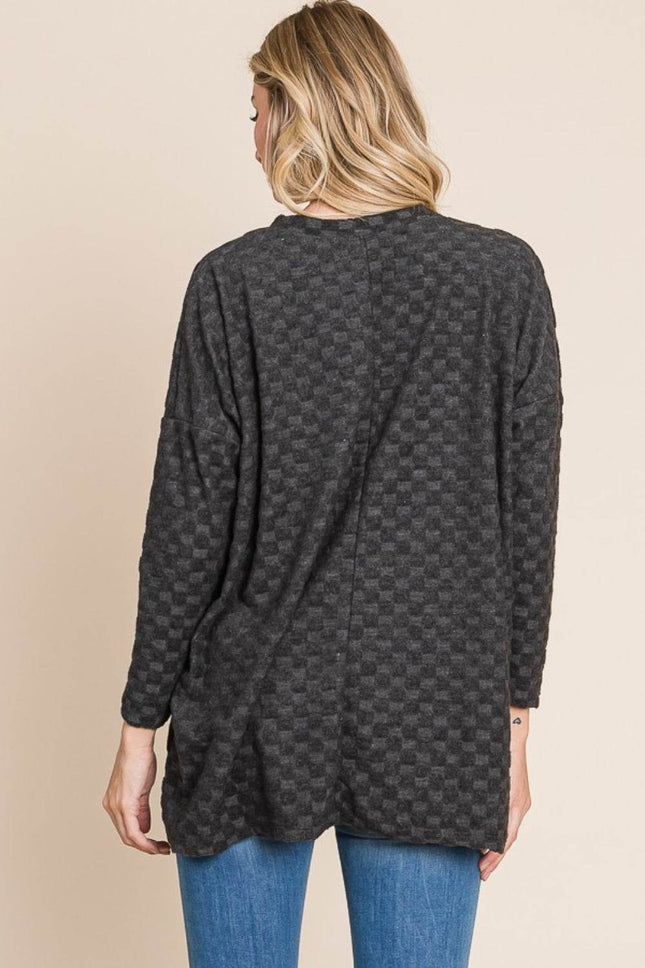 BOMBOM Checkered Long Sleeve V-Neck T-Shirt - MimiStylez
