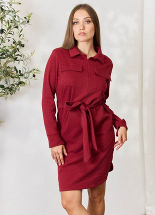 Culture Code Full Size Tie Front Half Zip Long Sleeve Shirt Dress - MimiStylez