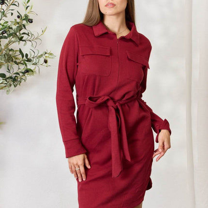 Culture Code Full Size Tie Front Half Zip Long Sleeve Shirt Dress - MimiStylez