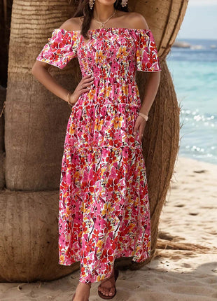 Slit Floral Off-Shoulder Short Sleeve Dress - MimiStylez