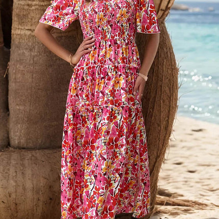 Slit Floral Off-Shoulder Short Sleeve Dress - MimiStylez