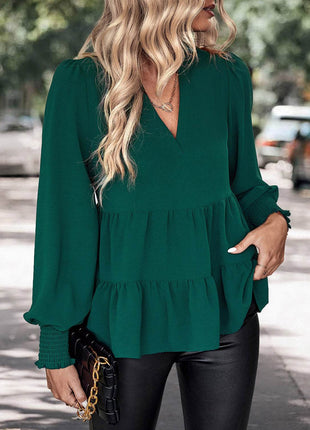 Notched Neck Lantern Sleeve Blouse - MimiStylez