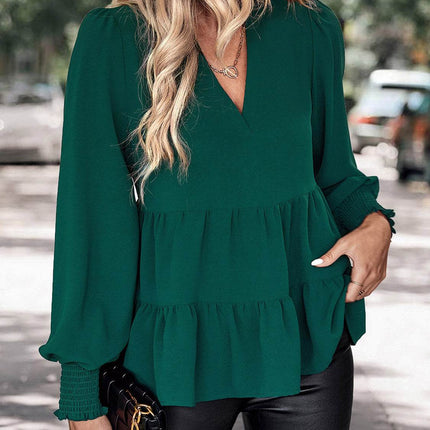 Notched Neck Lantern Sleeve Blouse - MimiStylez