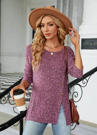 Buttoned Long Sleeve Slit Top - MimiStylez