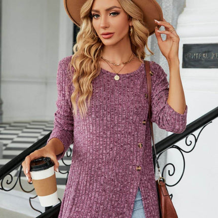Buttoned Long Sleeve Slit Top - MimiStylez