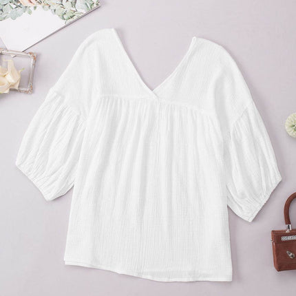 Dropped Shoulder V-Neck Blouse - MimiStylez
