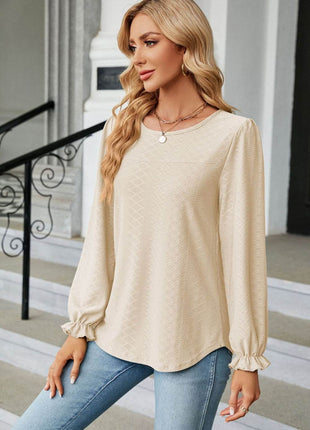 Round Neck Flounce Sleeve Blouse - MimiStylez