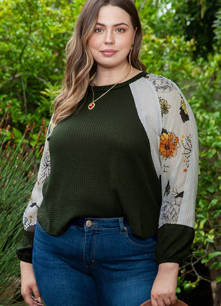 Plus Size Floral Waffle-Knit Round Neck Blouse - MimiStylez