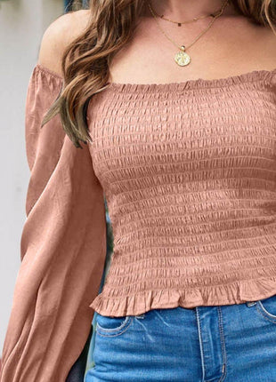 Smocked Square Neck Long Sleeve Blouse - MimiStylez